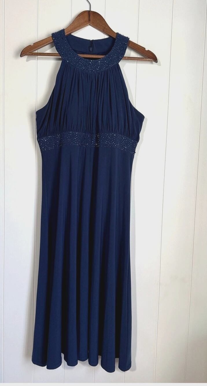 Jessica Howard Womens Evening Dress Blue Halter Beaded Neck & Waist Size 12
